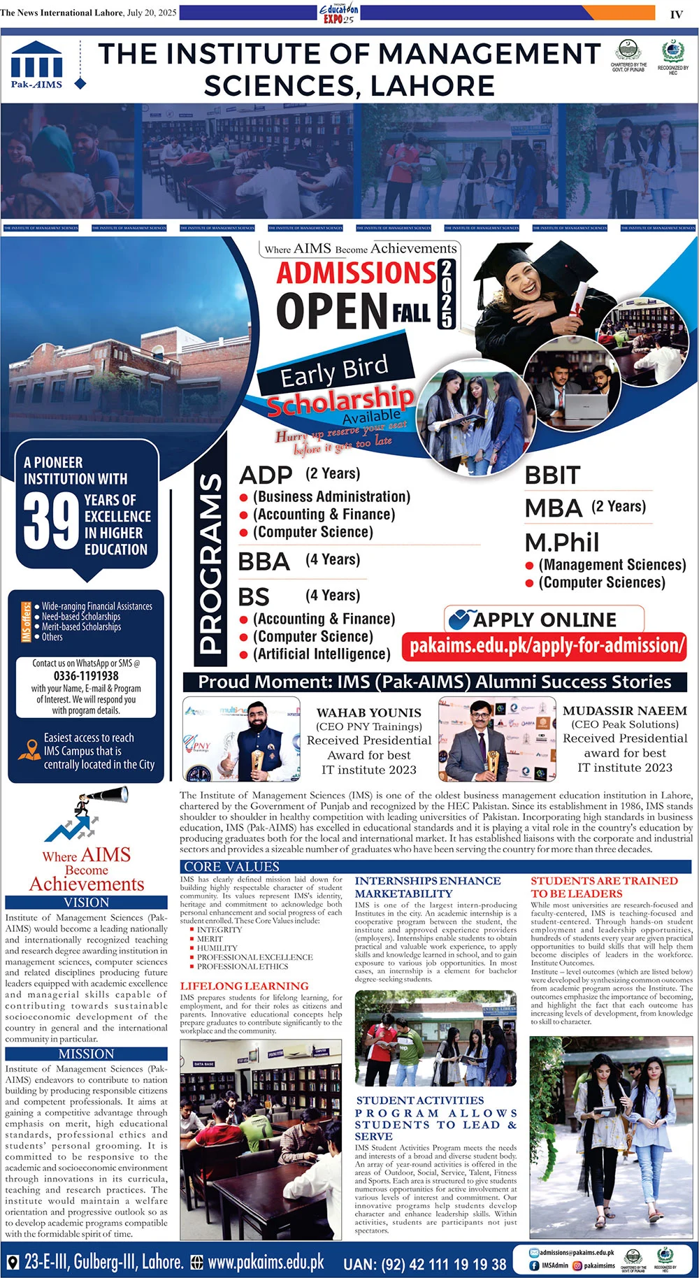 Admission Open in The Institute of Management Sciences Lahore